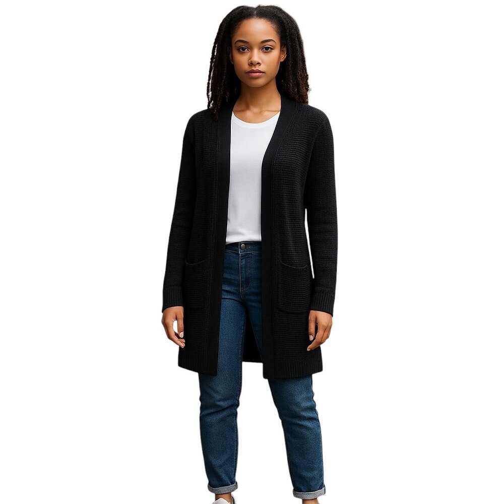 Women's Papaya Long Black Crocheted Sweater-Size L-Open Front-2 front pockets